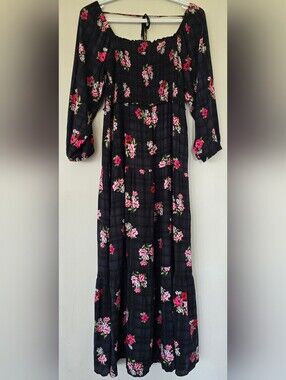 Women's 40 Winks Floral Black Plaid Maxi Dress with Pink Blooms Size Small.